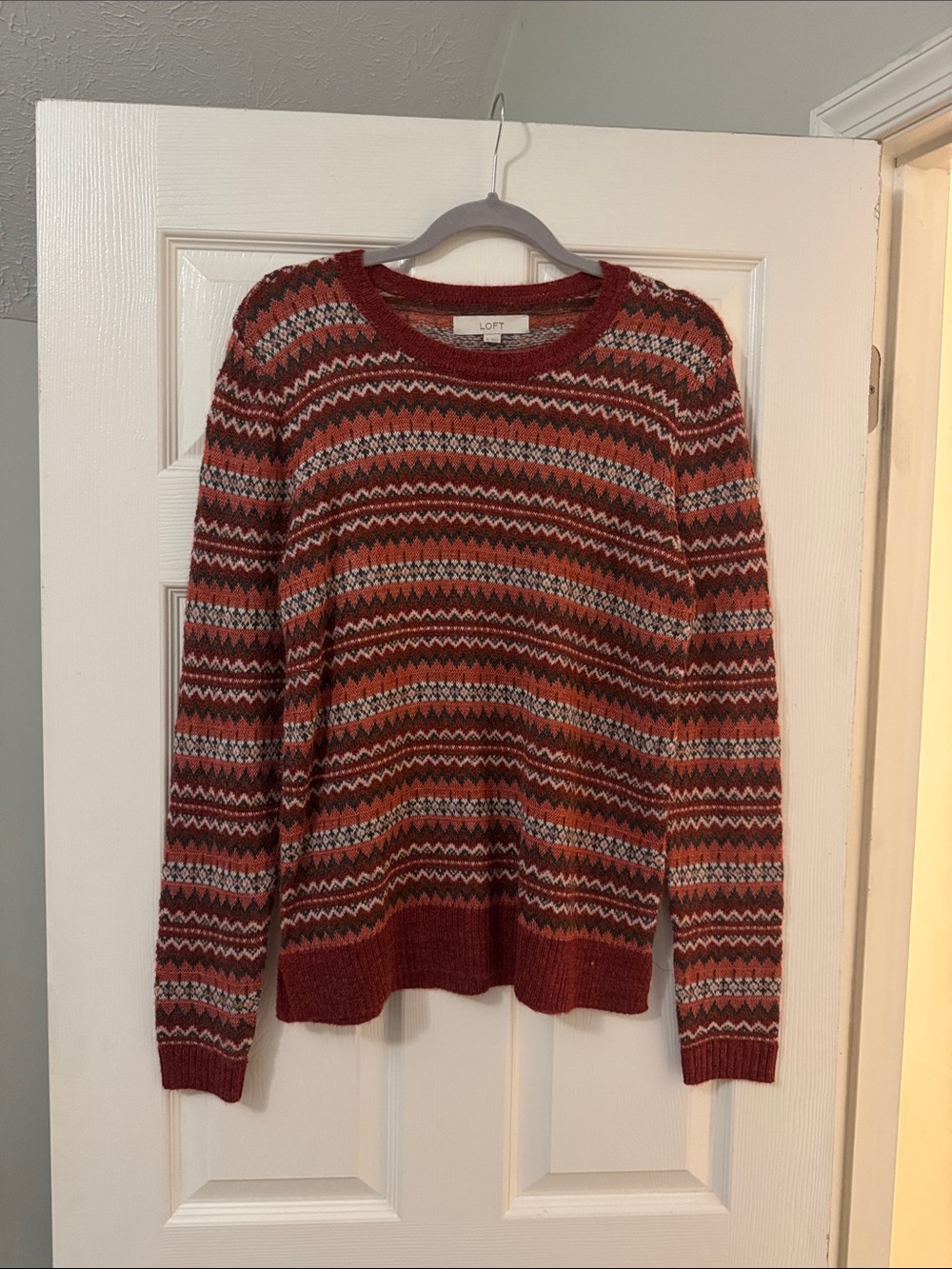 LOFT Red and Rust Fair Isle Crewneck Sweater